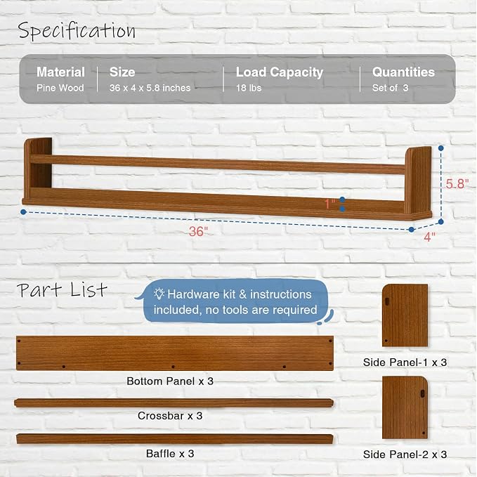 Harwaya Dark Wood Wall Bookshelf for Kids Bedroom, 36 Inch Floating Nursery Bookshelf for Baby Girl Boy Room, Wooden Hanging Toddler Book Shelves for Wall (36 inch, Walnut Brown, 3-Pack)