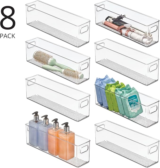 mDesign Plastic Bathroom Storage Container Bins w/ Handles - Closet, Cabinet, Vanity, Cupboard Shelf Organization, Hair Tools Accessory Organizer - Ligne Collection; Clear, ‎5x3.75x16 (Pack of 8)