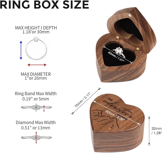 Engagement Proposal Ring Box Secret Slim Engraved Wooden Heart Case | Engrave"The adventure begins", Walnut Wood Ring Bearer Box Jewelry Storage Holder Display for Wedding Ceremony Commemoration