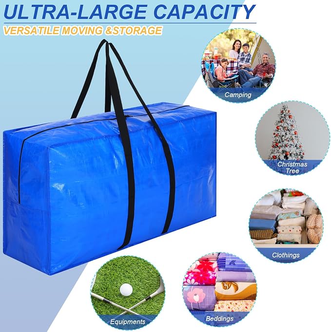 Windyun 4 Pack 57 Gallon Extra Large Moving Bags XXL Heavy Duty Storage Bag with Strong Zipper Handle Jumbo Big Tote Box Foldable for College Dorm Travel Clothes Duffle Blanket Pillow(Blue)