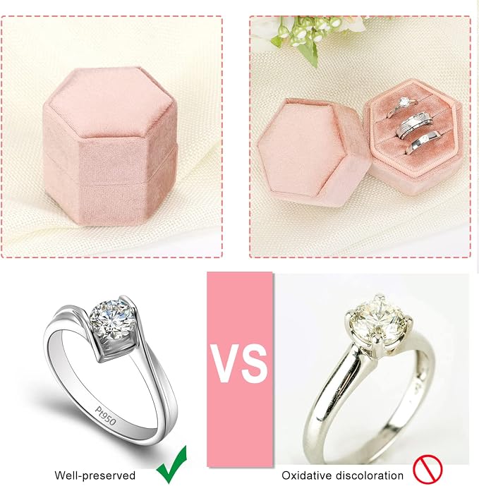 WantGor Velvet Jewelry Ring Box, 3 Slots Hexagon Ring Gift Box Ring Holder | Vintage Ring Display Case for Wedding Ceremony Proposal Engagement (Blush Peach, 3 Slots)
