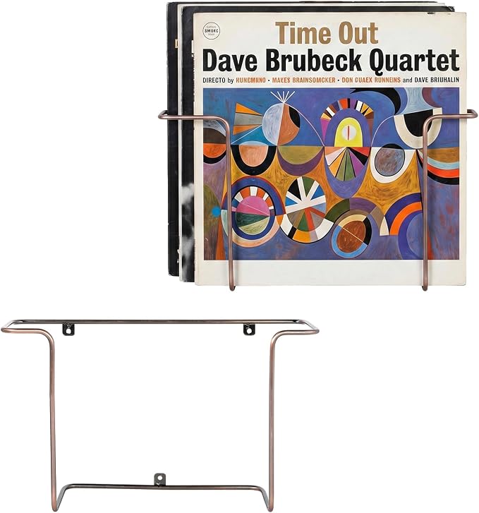 MyGift Modern Metal Wire Wall Mounted Vinyl Records Storage Racks, Hanging LP Record Holders, Floating Album Cover Display Shelves, Set of 2 (Vintage Copper-2 Pcs)