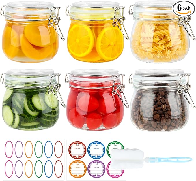 HINGWAH 16 oz Glass Jars with Airtight Lids, 6 Pack Wide Mouth Mason Jars with Clamp Lids for Kitchen Canisters, Food Storage Containers for Pickling, Coffee, Spices, Sugar, Herbs