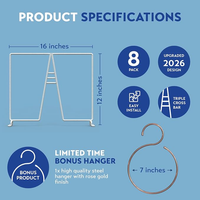 Tall Wire Shelf Dividers for Closet Organization – 8 Pack For 16 Inch Wire Shelves Only - Measure Before You Buy - Sturdy and Easy Set-Up with Bonus Rose Gold Hanger