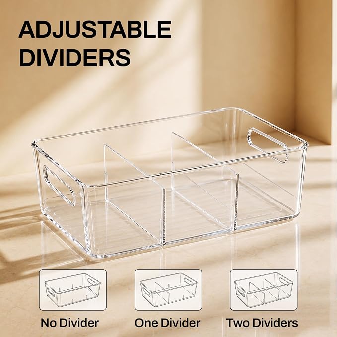 Mpotmiy 4 Pack Clear Pantry Organizers and Storage Bins with Divider, Transparent Plastic Basket, Refrigerator and Fridge Bins