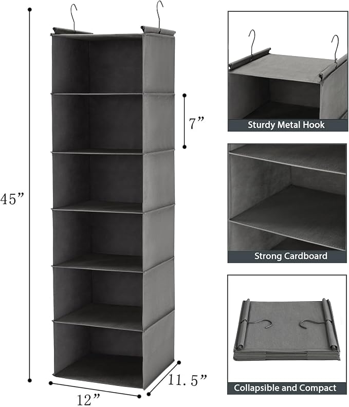 MAX Houser 6 Tier Shelf Hanging Closet Organizer, Closet Hanging Shelf with 2 Sturdy Hooks for Storage, Foldable (Grey)