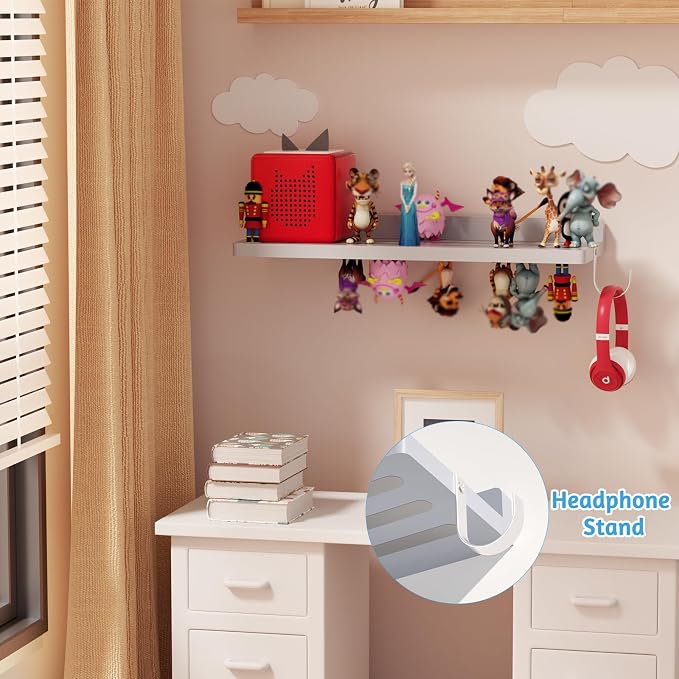 for Tonies Shelf Magnetic - Tonies Figure Organizer for Kids Room, Wooden Magnetic Display Shelf for Tonies Box Holder, Wall Floating Shelves Toy Storage Compatible Charging Station (1 Tier, Grey)