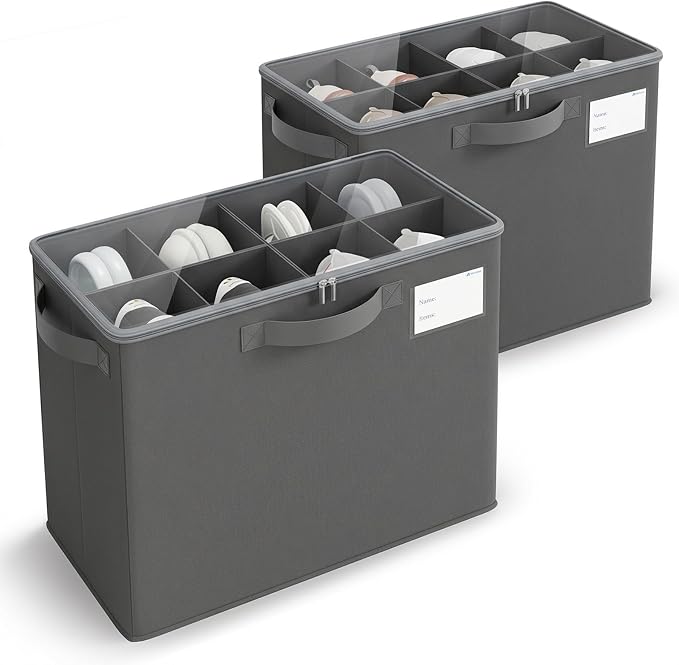 Varhomax Shoe Organizer Box for Closet, Small Fabric Shoe Storage Bin with Adjustable Dividers & Clear Cover, Saving Space Sneakers & Sandals Containers for Entryway, Cubby - Gray 2 Pack