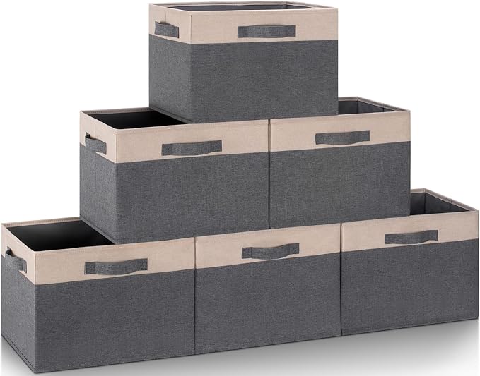 GhvyenntteS Large Fabric Storage Bins for Shelves with 3 Handles, 15x11x9.6in Closet Storage Bins, Sturdy Foldable Storage Baskets for Shelves Closet Bedroom Living Room Office (Beige, Set of 6)