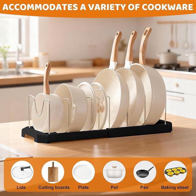 Expandable Pot Rack Organizer, 14 Adjustable Compartments, Pot and Pan Organizer Rack for Cabinet with Cup Brush Dividers, 13 -22" Wide Adjustable Pan Organizer - Pantry Countertop Storage (Black)