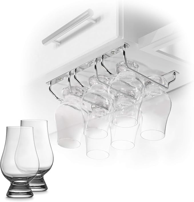 CairnCradle Whiskey Glass Rack - Under Cabinet Whisky Tasting Glasses Holder Storage Hanger Metal Organizer for Bar Kitchen (3 Across x 2 Deep, Polished Stainless)