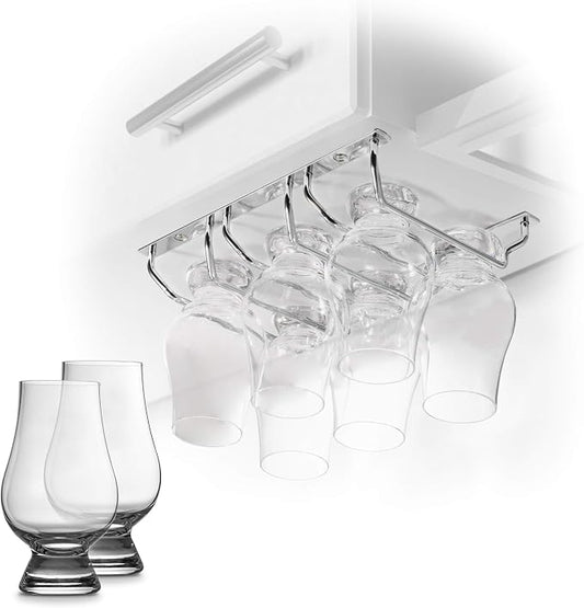 CairnCradle Whiskey Glass Rack - Under Cabinet Whisky Tasting Glasses Holder Storage Hanger Metal Organizer for Bar Kitchen (3 Across x 2 Deep, Polished Stainless)