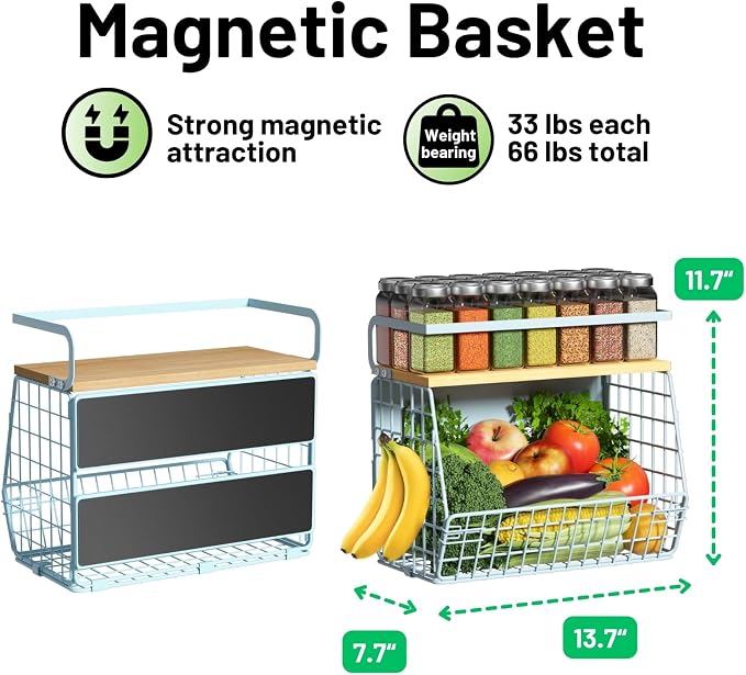 Magnetic Shelf for Fridge with Wood Lid, Fruit Potato and Onion Storage Bins, Pantry Organizers & Storage, Large Container Magnetic Spice Rack for Refrigerator, Kitchen Counter, Cabinet (Blue, 1)