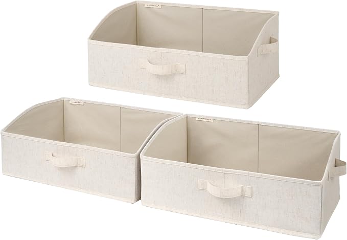 StorageWorks Trapezoid Storage Bins, Linen Closet Organizer, Closet Organizer Bins, Shelf Baskets, Clothing, Towels, Large, Beige(Cotton-linen), 3-Pack