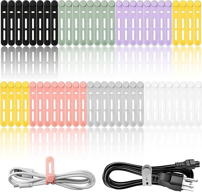 56Pcs Silicone Cable Ties Reusable, Multipurpose Cable Management Organizer, Adjustable Fastening Cable Straps with Locking Buckles, High Elasticity Cord Organizer, Travel Essentials, 7 Colors