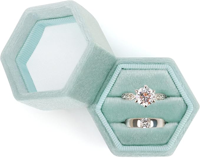 DesignSter Hexagon Velvet Ring Box - Premium Gorgeous Vintage Double Ring Display Holder with Detachable Lid for Proposal, Engagement, Wedding, Ceremony (Mint green)