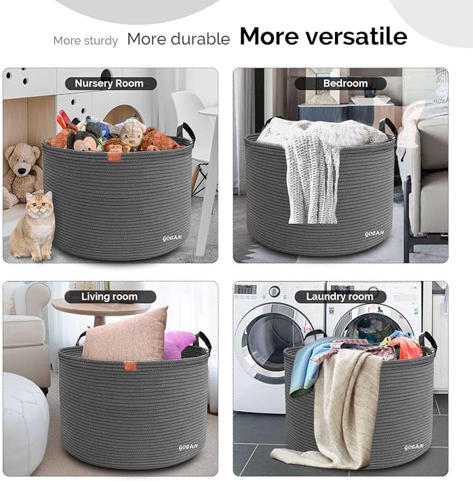 GOCAN Extra Large Storage Laundry Basket 22" X 22"X 14" Cotton Rope Woven Basket for Blanket Basket with Handles for Living Room Toys Storage XXXL (Dull grey)