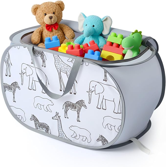 Foldable Toy Storage Basket with Zipper Lid & Handles- Animal Print, Gray | Collapsible Stuffed Animal Organizer Bin, Lightweight Toy Chest, Space-Saving, Sturdy, for Kids Room, Playroom, Living Room