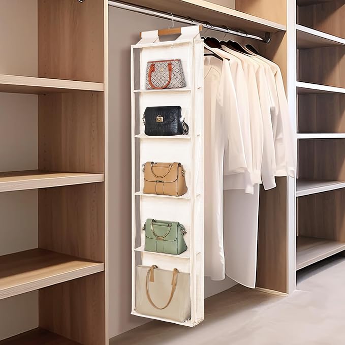 Syeeiex Hanging Handbag Purse Organizer with Zippers, 5 Mesh Shelves,Clear Slubbed Fabric+PVC Hanging Closet Bag Organizer, Dustproof Handbag Closet Tote Storage Bag for Door, Wardrobe, Beige