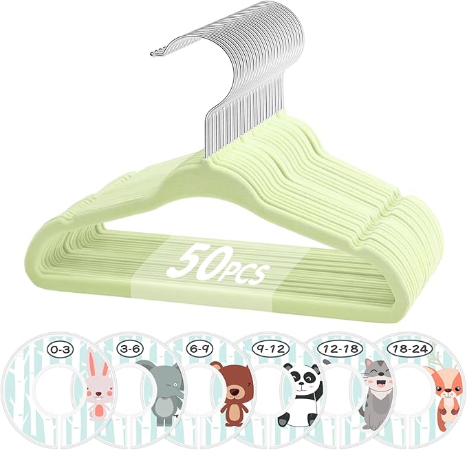 VIS'V Velvet Baby Hangers with 6 Pcs Dividers, 11 Inch, Lime Green, 50 Pcs | Compact Size, Non Slip, Infant Toddler Nursery Closet Organization