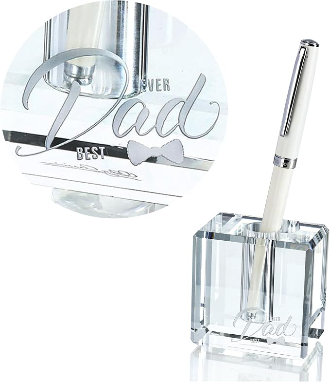 Fathers Day Crystal Christmas Gifts for Dad Crystal Carved Single Pen Holder, 2.4" Fancy Fountain Pen Holder for Desk, Glass Feather Pencil Stand for Office Desktop Decoration, Gift for Father Man