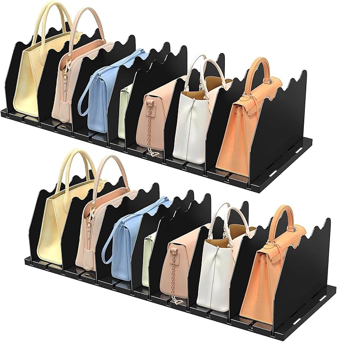 SOYO Adjustable Purse Organizers for Closet, Acrylic Shelf Divider for Bag and Purse Storage, Pocketbook and Handbag Organizer, Bookshelf Separator Organizers for House, Office Use, Black，2pc