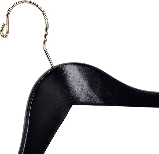 Quality Black Semi Curved Wooden Suit Hangers, 20-Pack Smooth Finish Solid Wood Coat Hanger with Swivel Hook, Jacket, Pant, Dress Clothes Hangers (Black - Gold Hook, 20)