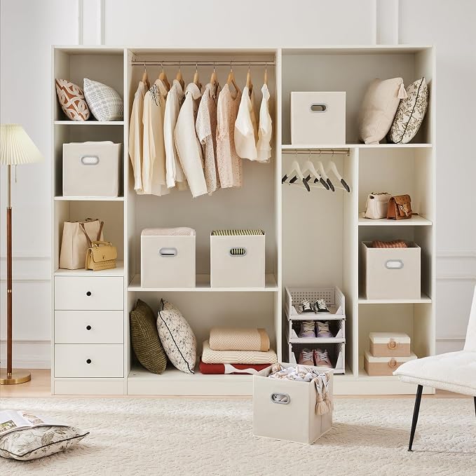 MAX Houser 6 Pack Foldable Fabric Storage Bins with Handles - Ideal for Closet Organization, Bedroom （Beige,12"x12"x12"）