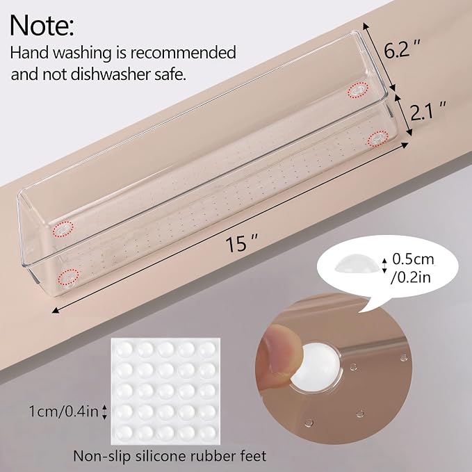 6 Pcs Large Clear Plastic Drawer Organizers Tray 15" x 6.3" Storage Bins with 25 Pcs Non-Slip Pads for Makeup, Jewelries, Kitchen Utensils, Bathroom and Office