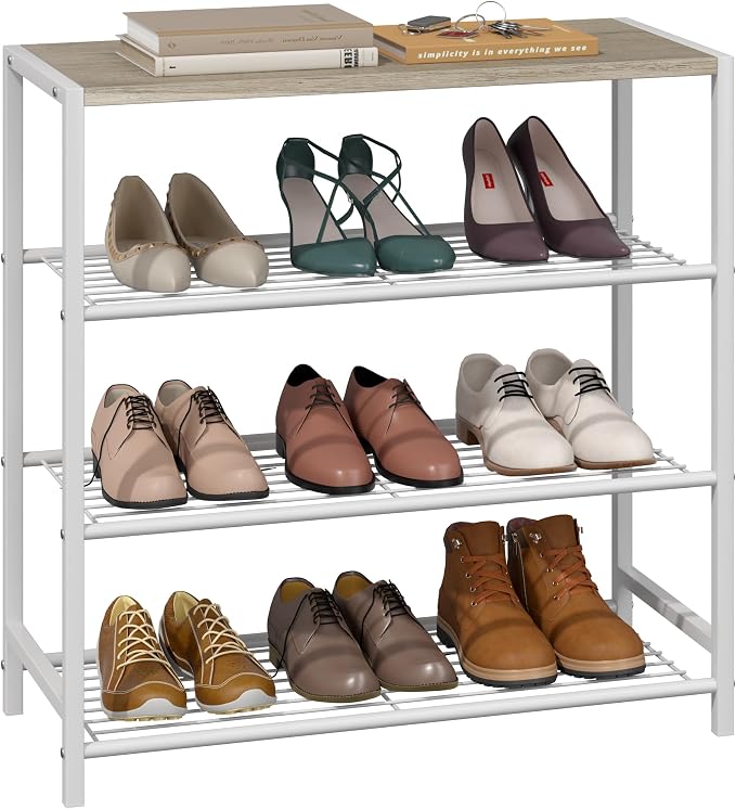 Yusong Shoe Rack Organizer, 4 Tier Industrial Shoe Storage Shelf for Closet Entryway, Narrow Sturdy Metal Shoe Shelves, White