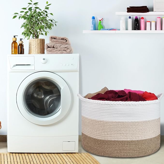 COMSE Extra Large Blanket Basket, Woven Laundry Basket, 21.7”x 13.8”, Nursery Hamper, Cotton Rope Laundry Hamper Living Room for Storage Toys Clothes Towels(White & Gradient Brown)