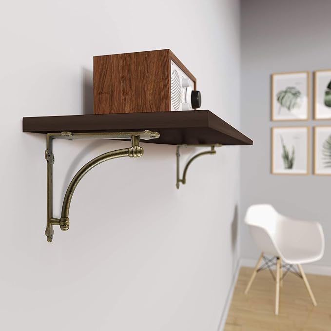 NACH Decorative Shelf Brackets, 4 Pack of 7.25 x 1.6 x 7.25 inch Gold Brackets - Cast Iron Shelf Brackets for Mounting - Industrial Style Decorative Brackets - Slim Version - AD-90-064GM
