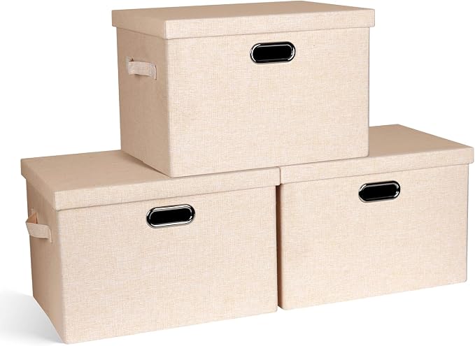Graciadeco Large 17" 36 Quart Collapsible Stackable Storage Bins with Lids, 3 Packs Light Orange Linen Fabric Closet Boxes with Lids, Storage Cube Baskets Container Organizers for Office (17x12x11)