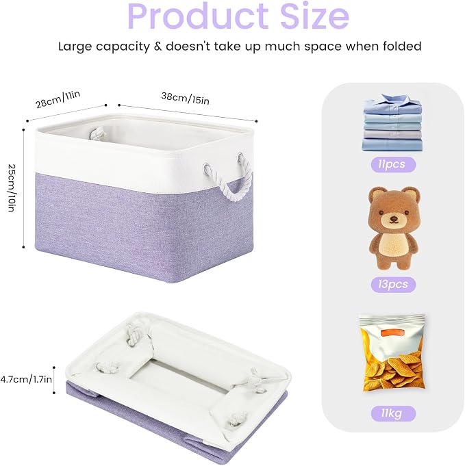 Large Storage Baskets- 15x11x10 inch Storage Bins for Shelves and Closet Organizing, Foldable Fabric Bin for Home Organization Clothes and Laundry (1-Pack, White&Purple)