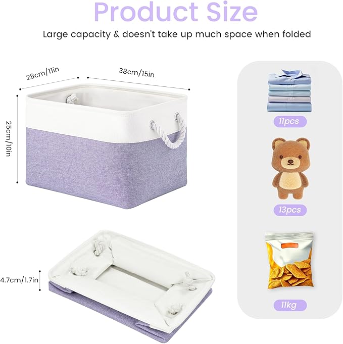 15x11x10 In Foldable Fabric Large Storage Bins with Handle 6 Pack | Organizer Baskets, Sturdy Metal Strand, Cardboard Support Molding, Storage Baskets for Shelves, Closet, Bedroom, White/Purple