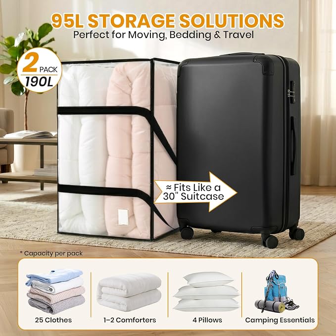 Velway Pack of 2 95 L Storage Bags, Heavy-Duty Christmas Warehouse, Transparent Moving Boxes, Large, Foldable, with Zip Handle, Waterproof Storage Bag for Moving Bedding, Clothing Storage