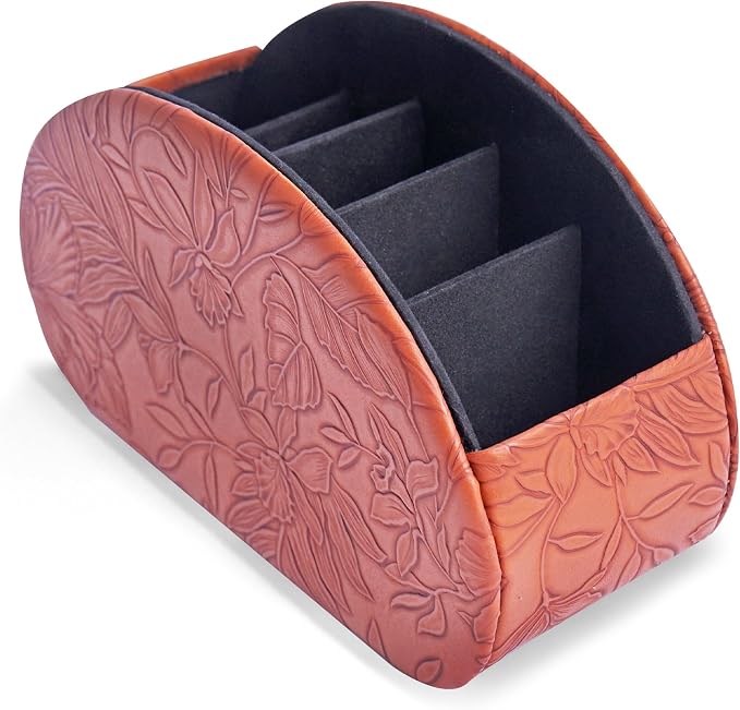 Remote Control Holder, PU Leather Remote Caddy Desktop Organizer with 5 Spacious Compartments for TV Remotes/Media Controllers/Office Supplies (1-Carved Brown