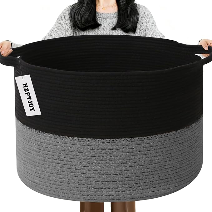 115L Large Blanket Basket,Woven Rope Laundry Basket Hamper with Handles, Decorative Nursery Basket Storage Bin for Toys, Clothes Organizer, Living Room, Bedroom, Bathroom, Black&Dark Grey