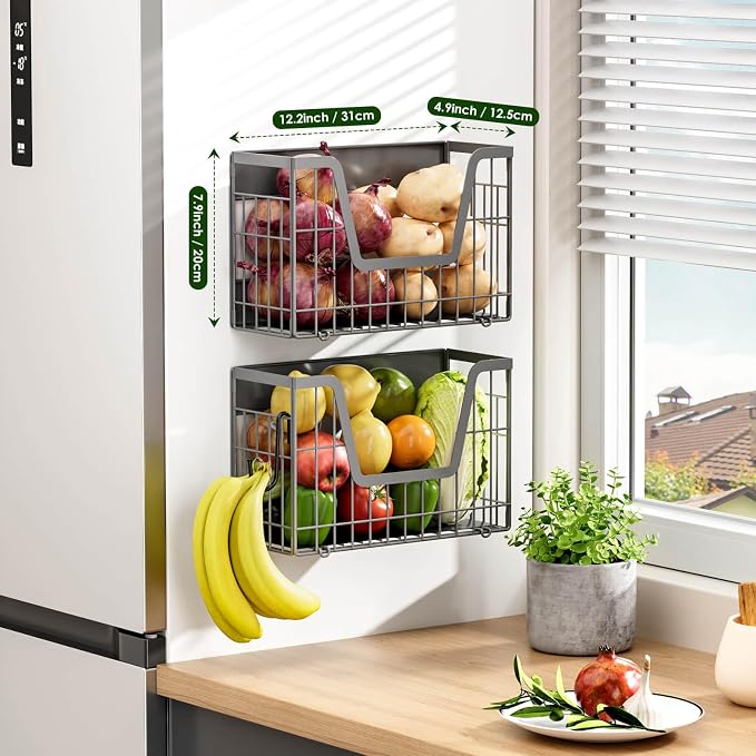 Grey Magnetic Shelf for Fridge, 2 Set Potato and Onion Storage Bins, Magnetic Fruit Basket for Fridge Pantry Organizers & Storage, Magnetic Spice Rack for Refrigerator Kitchen Counter Cabinet