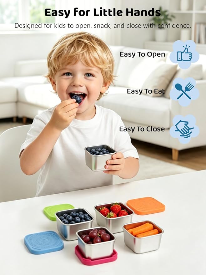HTEVW 6 Pack Stainless Steel Snack Containers for Kids, 6 oz Toddler Snack Containers with Silicone Lids, Reusable Leak Resistant Food Containers for School Lunch, Daycare, Travel & Portion Control