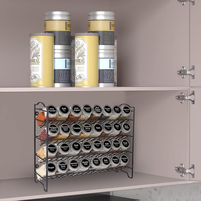 SWOMMOLY Spice Rack Organizer with 32 Glass Spice Jars, 396 Spice Labels, Chalk Marker and Funnel Complete Set, for Cabinet, Countertop, Cupboard or Wall Mount, Black