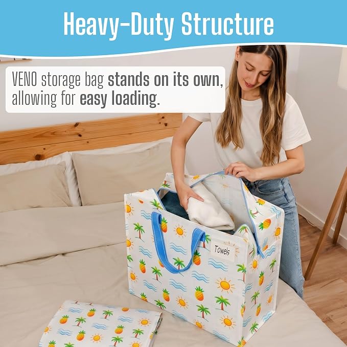 VENO 4 Pack Heavy Duty Moving Bags, Storage Bags, Packing Supplies, Top Zipper, Storage Totes for Camping, Clothes, Bedding, Comforters, Pillows (22 Gallon, Tropical Island, 4 Pack)