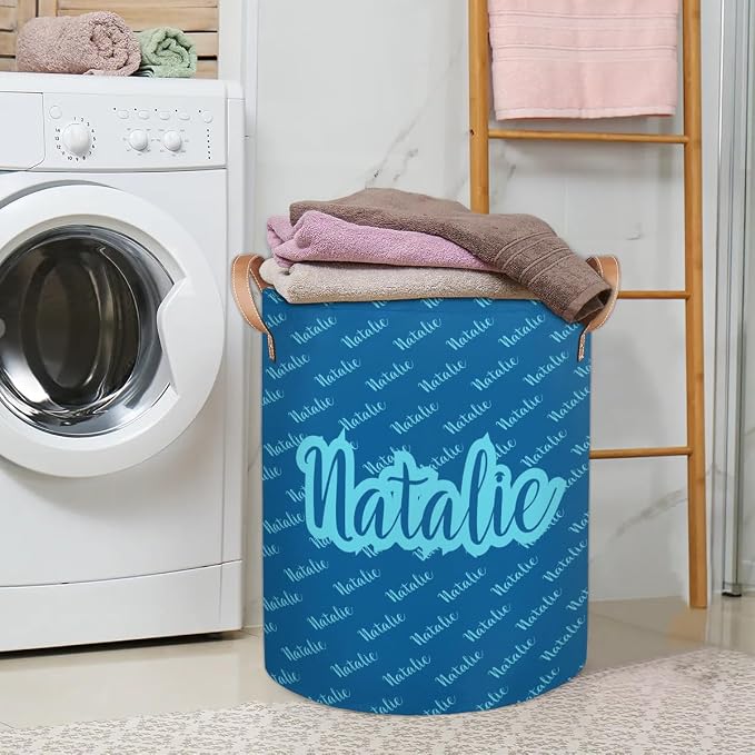 Personalized Laundry Basket, Custom Gift Laundry Hamper, Collapsible Nursery Waterproof Laundry Baskets, Dirty Clothes Toy Hamper with Handles Name Text Blue