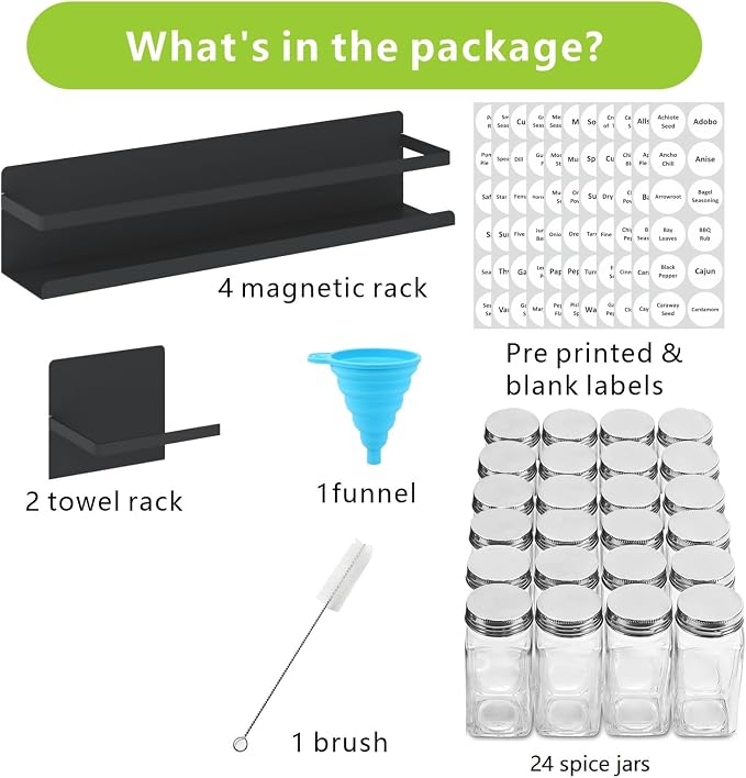 Magnetic Spice Rack with Jars Magnetic Spice Rack for Refrigerator 24 Spice Jars with Label Magnetic Shelves for Fridge 4 Pack Black
