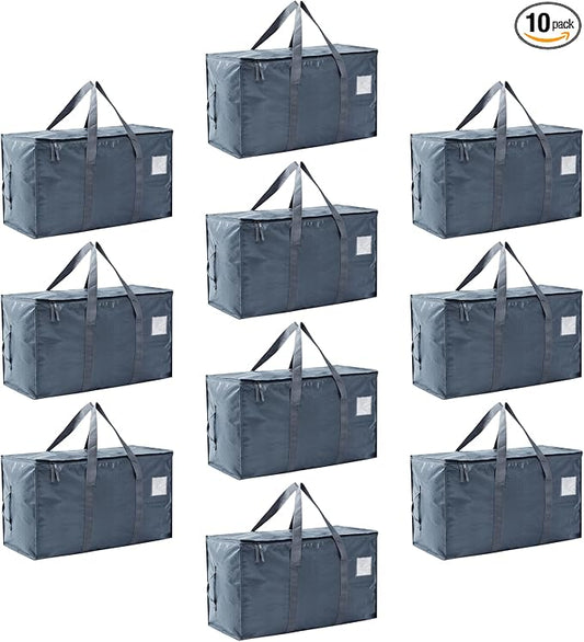 Moving Bags Heavy Duty Extra Large, Moving Boxes, Moving Supplies Essentials, Storage Bins with Lids, Plastic Packing Totes, Storage Bags for Clothes with Handles & Zippers(Grey, 10 Pack)