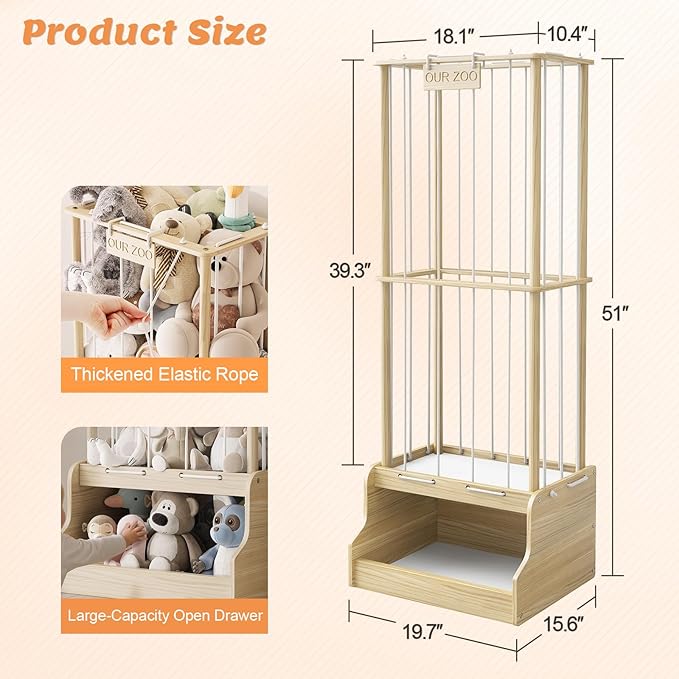 Stuffed Animal Storage Organizer,2-in-1 Solid Pine Wood Stuffed Animal Zoo with Toy Chest, Large Plush Toy Holder with Thick Elastic Bands,Stuffed Animal Holder for Playroom, Nursery, Bedroom
