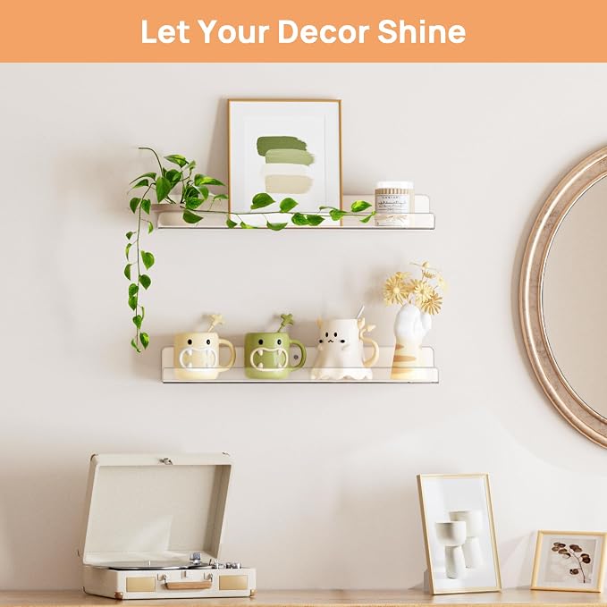 upsimples 2 Pcs 15" Acrylic Shelves for Wall Display and Storage, Clear | Transparent Design Highlights Skincare, Perfume, Easy-to-Find Versatile Floating Shelves for Bathroom, Bedroom and Playroom