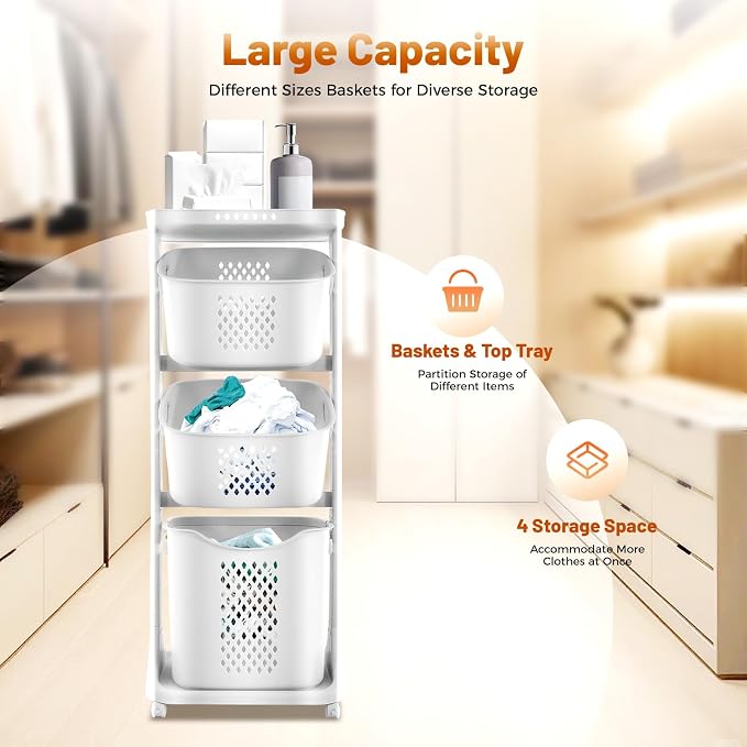 3 Tier Laundry Hamper Basket Sorter Clothes Storage Organizer Shelf Rolling Cart