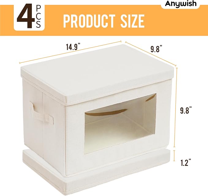4-Pack 15" Fabric Storage Bins with Lids, Closet Organizers and Storage Boxes with Clear Window, Foldable Clothes Baskets for Blankets, Beige