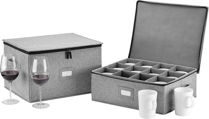 Wine Glass Storage and Cup Storage Case - Set of 2 Stackable Containers with Fully Padded Interior and Outside Hard Shell - 12pcs per Box with Insert Cards for Labelling and Side Handles